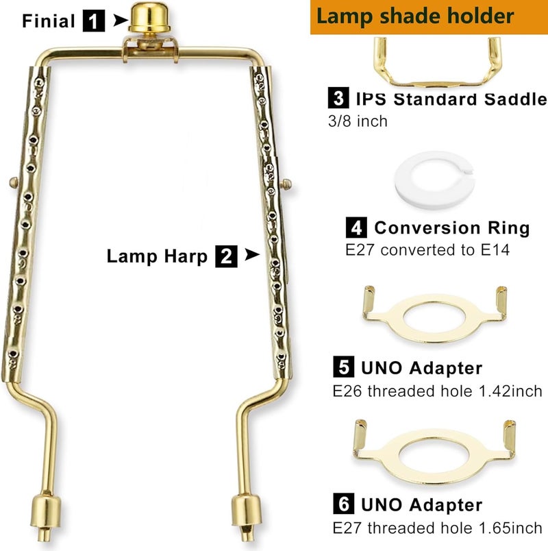 ALUCSET 8 9 10 11 12 inch Lamp Shade Harp Holder, Adjustable Lamp Harp Kit, Fit Both Standard Lamp Rod and E14 E26 E27 Light Base UNO Fitter Adapter Converter Finial Set, Lampshade Bracket - Image 2